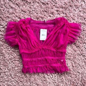 Free People Fuchsia Pink Sheer Ruffled Blouse
